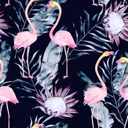 abstract tropical pattern with flamingo, protea, leaves. watercolor seamless print. minimalism illustration
