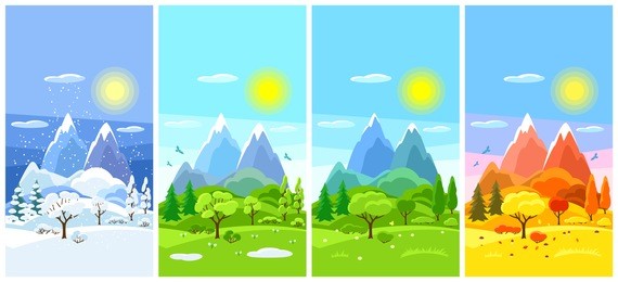 four seasons landscape. banners with trees, mountains and hills in winter, spring, summer, autumn