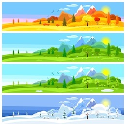 four seasons landscape. banners with trees, mountains and hills in winter, spring, summer, autumn