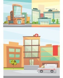hospital building cartoon modern illustration. medical clinic and city background. emergency room exterior.