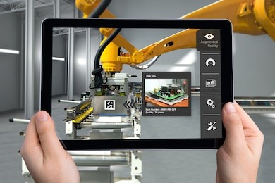 smart logistic warehouse technology , augmented reality marketing , x-ray packages box , industry 4.0 concept. hand holding tablet to check items inside boxes.