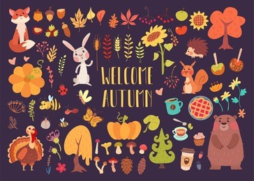 full set of cute animals, plants, flowers and food for autumn and thanksgiving decoration. design elements in cartoon flat style on dark purple background.