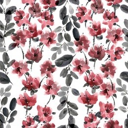 watercolor and ink illustration of flowers. sumi-e, u-sin painting. seamless pattern.