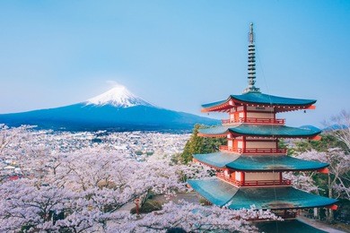 red pagoda with mt fuji on the background,mt. fuji with red pagoda in autumn, fujiyoshida, japan,chureito pagoda.