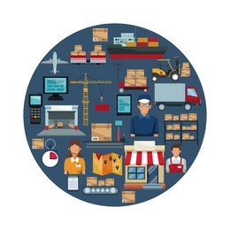 white background with colorful circular frame of icons storage logistics inside