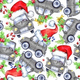 watercolor seamless pattern with cartoon holidays cars, trees and gifts. new year. celebration illustration. merry christmas. can be use in winter holidays design, posters, invitations, cards.