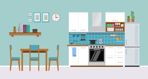 modern cozy kitchen interior with dining area, flat style, vector graphic design template