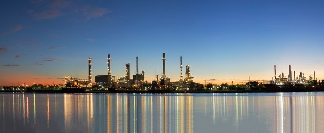 panorama oil refinery industry plant along twilight morning. oil refinery industry that refinery produces gasoline. oil refinery in bangkok thailand.