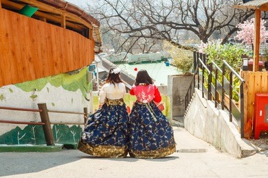 the back of two women wearing hanbok, a traditional korean costume. in hanok village, jeonju, south korea.