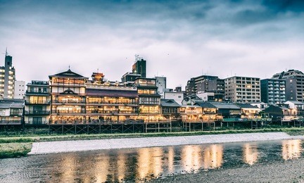 kyoto skyline along the river, japan.