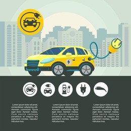 electric car on city background. city car. vector illustration. set of vector pictograms.
