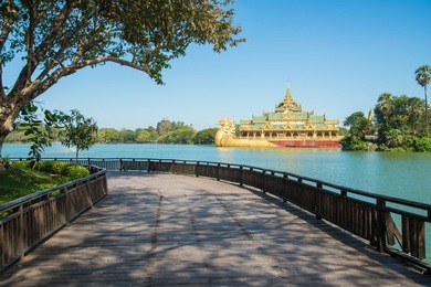 the scenery view of kandawgyi lake in yangon township of myanmar.