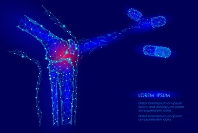 human knee joint 3d model vector illustration. low poly design future technology cure pain treatment. blue background and red injury man body leg medicine drug capsule marketing banner template
