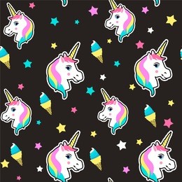colorful cute seamless pattern with unicorn, star, ice cream vector. seamless pattern with unicorns. vector background with stickers,patches in cartoon 80s-90s comic style.