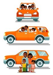 happy african american ethnic family traveling by car in different views front and side. people set father, mother and children sitting in automobile and standing together.