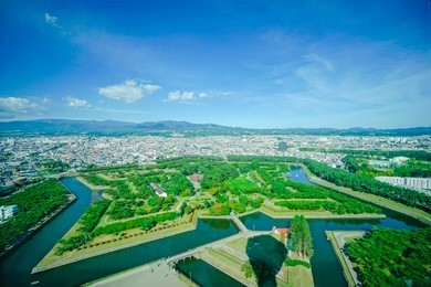 view of goryokaku park, where is a star fort built in 1855 in hakodate, hokkaido, japan.