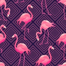 beautiful seamless vector tropical pattern with pink flamingos on purple geometric background. abstract summer texture