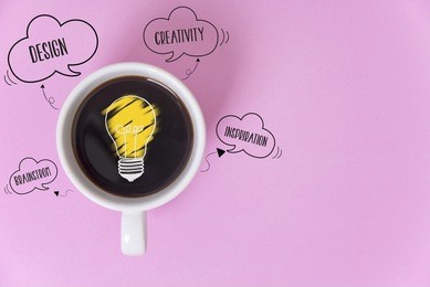 top view flat lay of coffee cup with creative idea concept on pink background. copy space