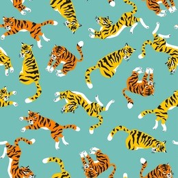 vector seamless pattern with tigers isolated on the blue background. animal background for fabric or wallpaper design.