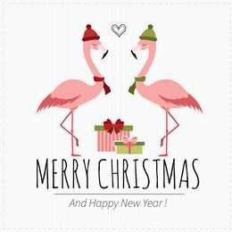 merry christmas and  happy new year. cute holiday card with  flamingos and gift boxes
