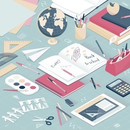 back to school: desktop with school supplies and a digital tablet, education and learning concept