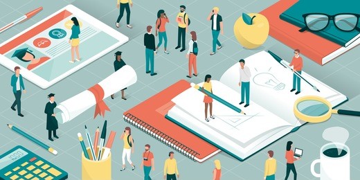 college and university students, researchers and professors studying together, school supplies and digital tablet: education and research concept