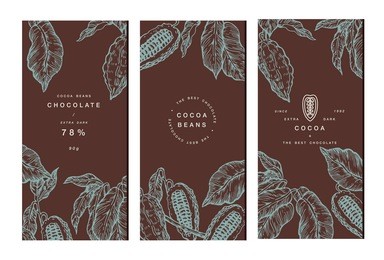 cocoa bean tree banner collection or packaging design. design templates. engraved style illustration. chocolate cocoa beans. vector illustration