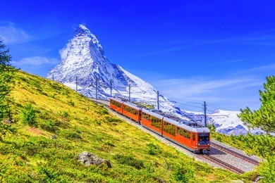 zermatt, switzerland. gornergrat tourist train with matterhorn mountain in the background. valais region.