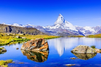 zermatt, switzerland. matterhorn peak reflected in stellisee lake, canton of valais.