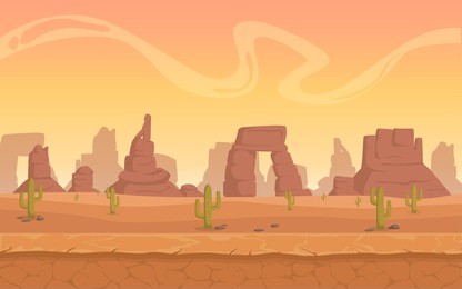 a high quality horizontal background of landscape with desert, cactus, rocks, hills, mountains. sunset on a background of a mountain landscape. cartoon flat vector game graphic. 