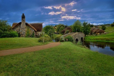hobbiton in the night - landscape new zealand, the place in middle-earth, where hobbits live in their holes