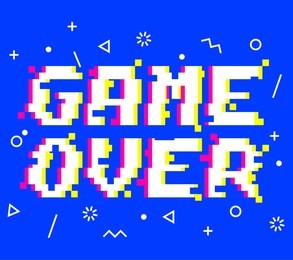 vector game over phrase in pixel art 8 bit style with glitch vhs effect. three color half-shifted letters. occasional pixels and memphis style pattern elements around