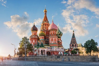 st. basil's cathedral on red square in moscow and the clouds in the blue sky