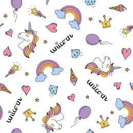 unicorn, rainbow and hearts seamless pattern hand drawing isolated on white background