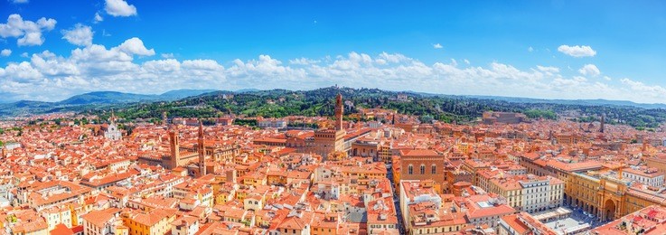 beautiful landscape above urban and historical view of the florence from giotto's belltower (campanile di giotto),city of the renaissance stand on arno river.italy.