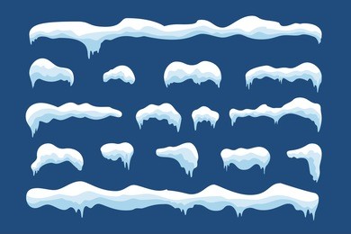 snow ice icicle set winter design. white blue snow template. snowy frame decoration isolated on blue background. cartoon style. christmas, new year frozen ice texture vector illustration