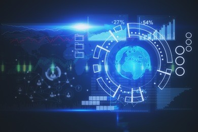 digital business hologram and forex chart on blue background. trade concept. 3d rendering 