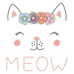 hand drawn vector illustration of a funny cat girl face in a flower chain, with text meow. isolated objects on white background. design concept for children.