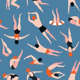 people swimming pattern. summer seamless background. summertime vector illustration with swimmers drawing in flat design. 