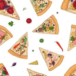 seamless pattern with slices of different pizza types and ingredients scattered around on white background. vector illustration for restaurant or pizzeria menu, delivery service.
