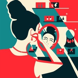 woman trying on earrings pleasure of purchase. illustration for magazines, sites,sales and discounts.