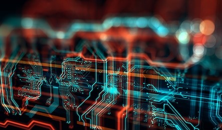 abstract technological background made of different element printed circuit board. depth of field effect and bokeh. 3d render/printed circuit board in the server  executes the data