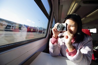 travel woman take picture in the train