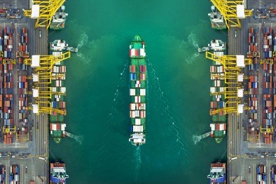 aerial view of cargo ship, cargo container in warehouse harbor at thailand .