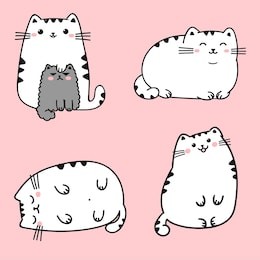 set of four kawaii cute fat white cats in different poses. vector anime style illustration 
with letterings isolated on a pink background