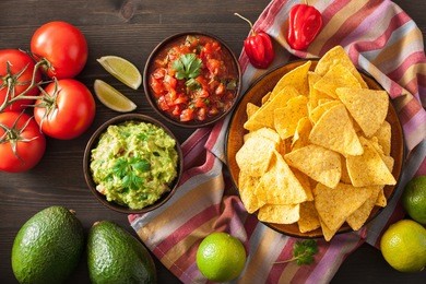 mexican guacamole and salsa dip, nachos tortilla chips
