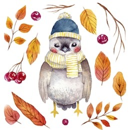 cute watercolor bird with hand drawn elements : autumn leafs and berries.