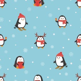 cute cartoon penguins seamless pattern. merry christmas and happy new year greetings. vector holiday background.