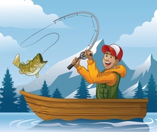 cartoon of man fishing in boat