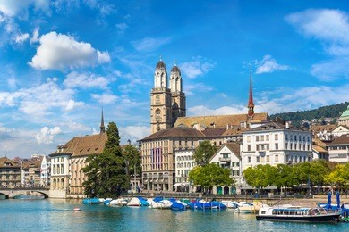 famous grossmunster church in zurich in a beautiful summer day, switzerland